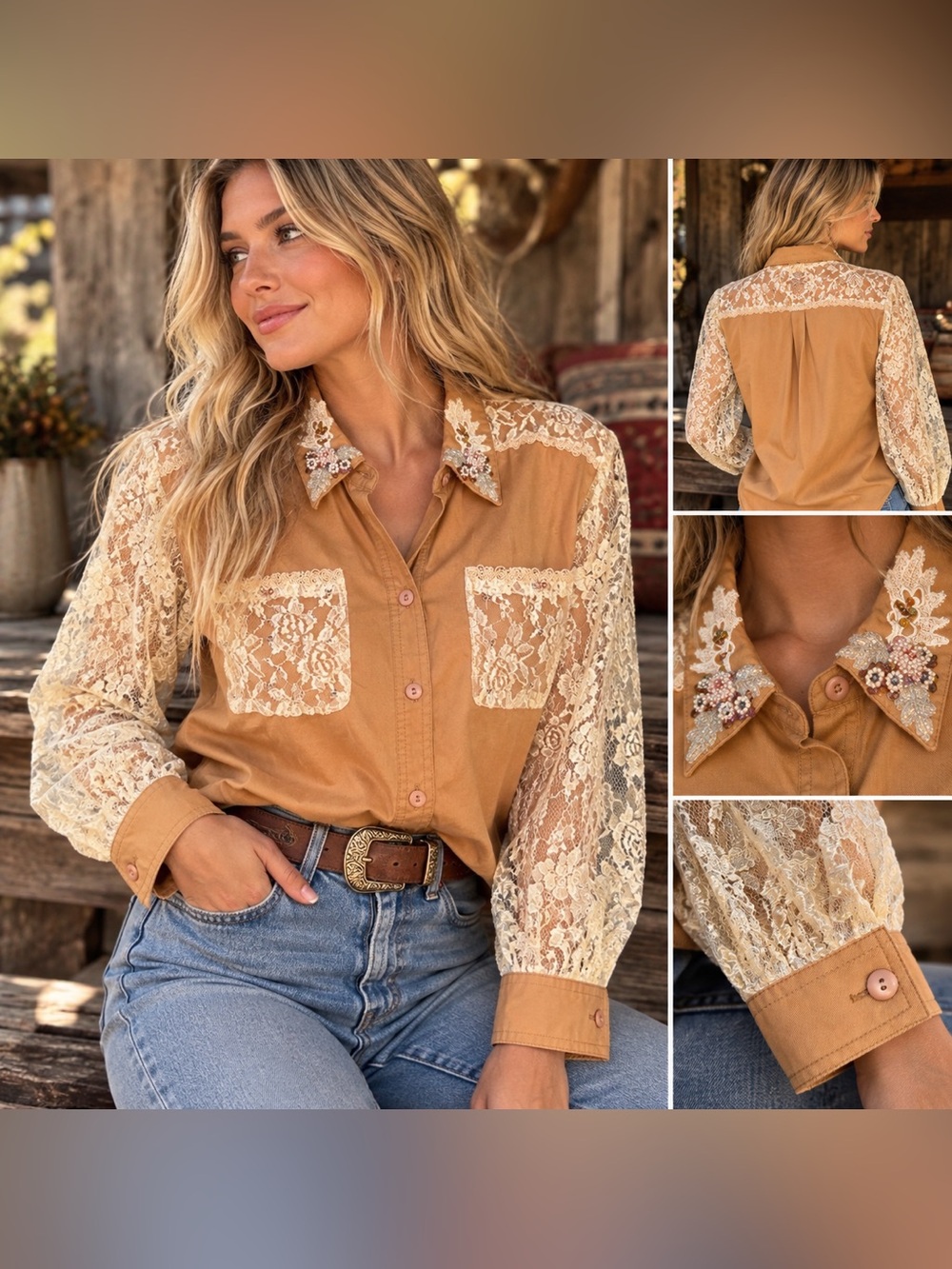 Lacy After Noon Womens Button-Up Shirt L Beige Western Floral Lace